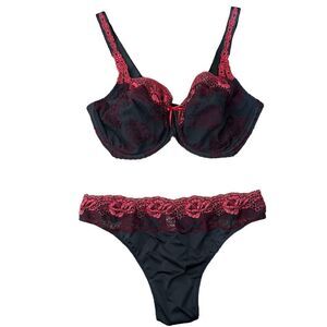 Prima Donna Grayish Black Floral Pink Lace Sexy Sheer Lingerie Thong Bra Set